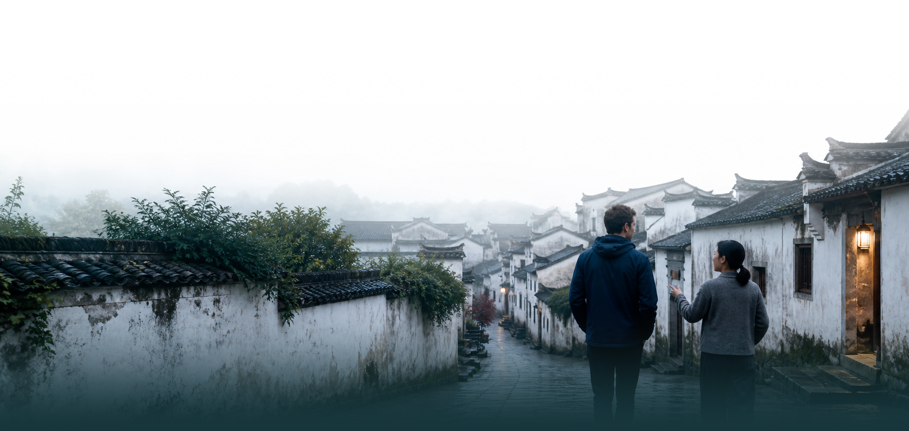 A traveler and a local journey host walking together through a quiet Chinese neighborhood at dusk