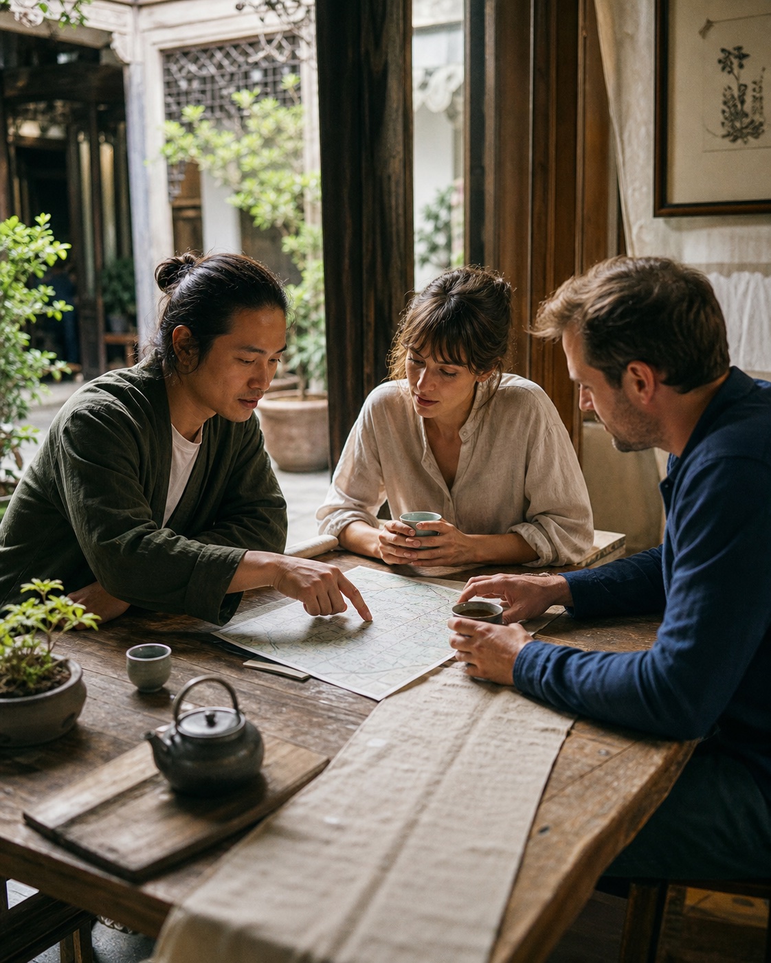 A local journey host planning a route over tea with two travelers